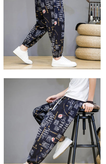 Chinese Style Pants Men Spring Summer Thin Breathable Cotton Linen Pants Men Harem Pants Printed Casual Pants Loose Pants
