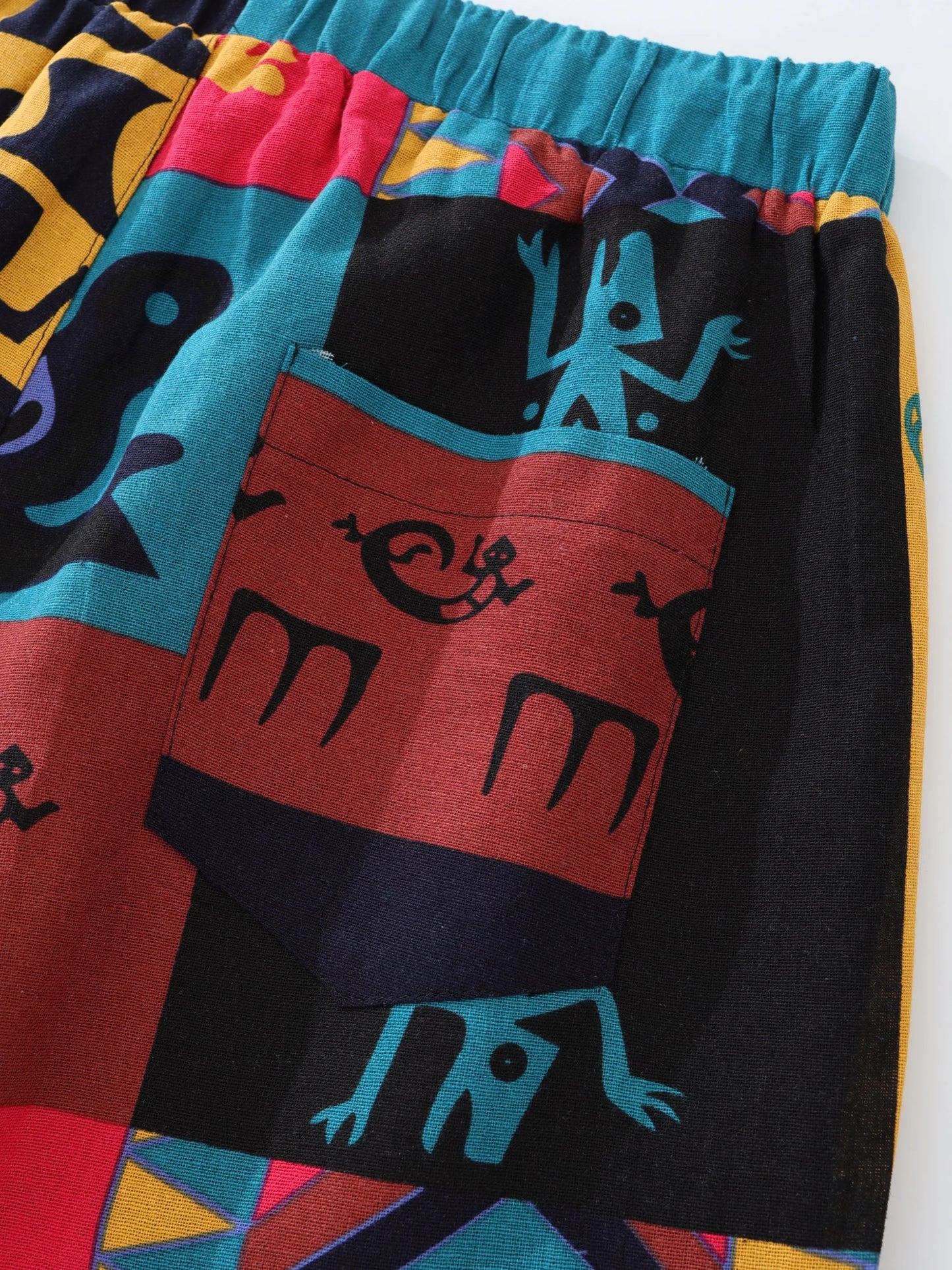 Men's Boho Tribal Print Stretch Linen Pnats Cotton Blend Drawstring LightWeight Trousers with Pockets Summer Jogger Pants