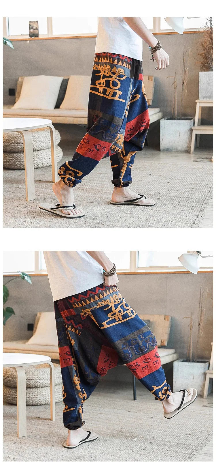 Men's Stylish Vintage Harem Pants Drop Crotch Design Casual Trousers Breathable Loose Fit Boho Pants Random Print Joggers
