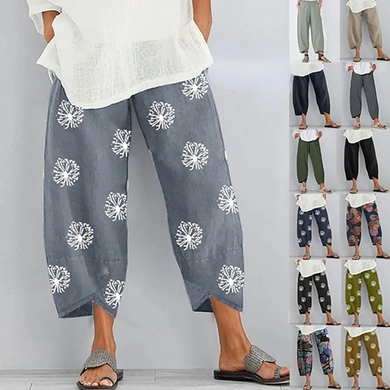 Women's Harem Pants Vintage Cotton Linen Elastic Waist Wide Leg Trousers Female Casual Solid Pockets Loose Cropped Pants