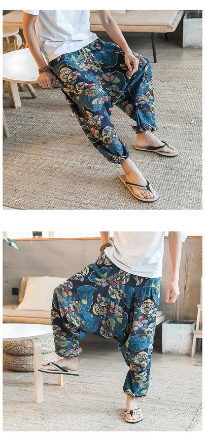 Men's Stylish Vintage Harem Pants Drop Crotch Design Casual Trousers Breathable Loose Fit Boho Pants Random Print Joggers