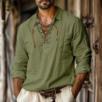 European and American Men's New Lapel Loose Shirt Men's Shirt Linen Shirt Viking Style Pirate Shirt Summer Beach Shirt