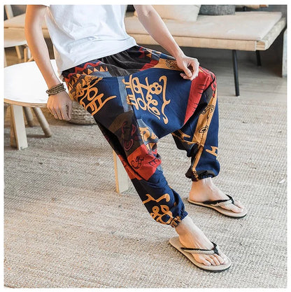 Men's Stylish Vintage Harem Pants Drop Crotch Design Casual Trousers Breathable Loose Fit Boho Pants Random Print Joggers