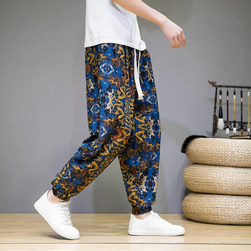 Chinese Style Pants Men Spring Summer Thin Breathable Cotton Linen Pants Men Harem Pants Printed Casual Pants Loose Pants