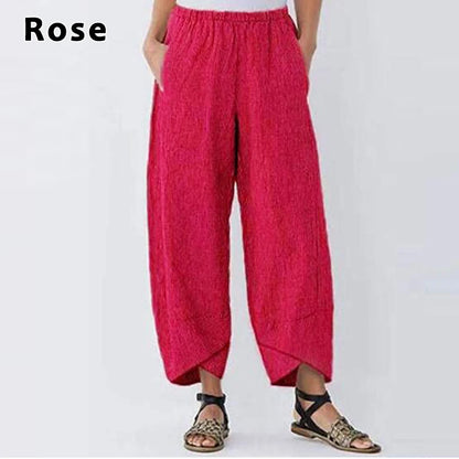 Women's Harem Pants Vintage Cotton Linen Elastic Waist Wide Leg Trousers Female Casual Solid Pockets Loose Cropped Pants