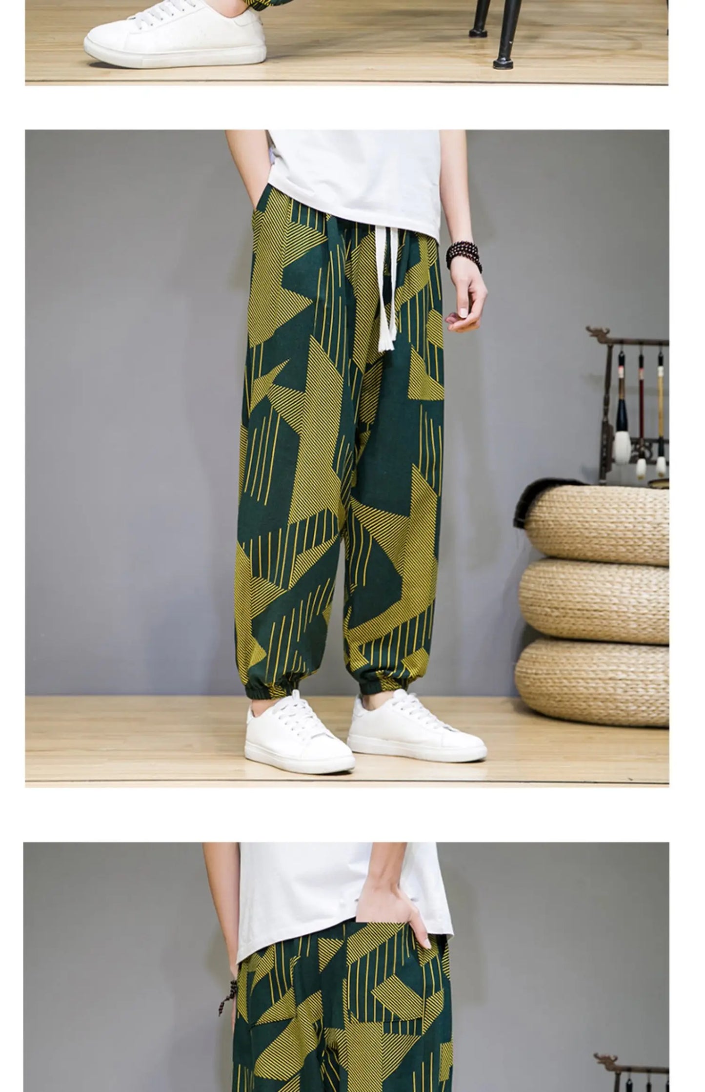 Chinese Style Pants Men Spring Summer Thin Breathable Cotton Linen Pants Men Harem Pants Printed Casual Pants Loose Pants