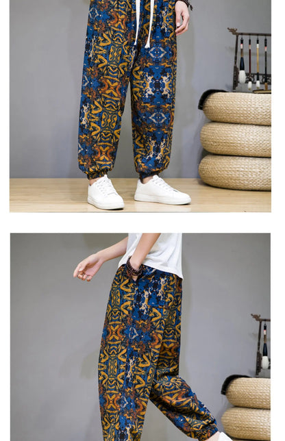 Chinese Style Pants Men Spring Summer Thin Breathable Cotton Linen Pants Men Harem Pants Printed Casual Pants Loose Pants