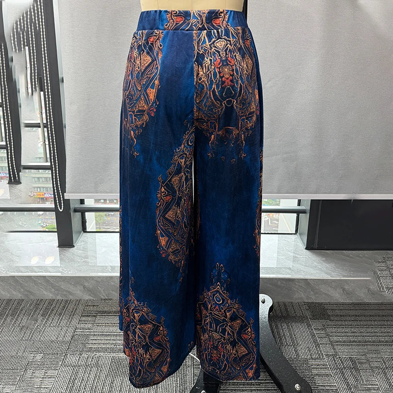 Women's Wide Leg Pants Retro Ethnic Print High Waist Velvet Trousers Fashion Causal Vintage Pantalon Femme Pocket Loose Bottoms