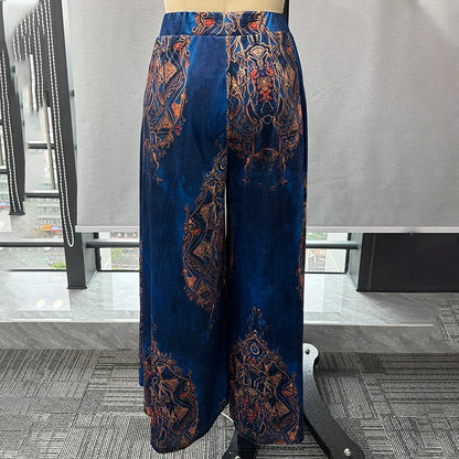 Women's Wide Leg Pants Retro Ethnic Print High Waist Velvet Trousers Fashion Causal Vintage Pantalon Femme Pocket Loose Bottoms