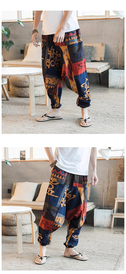 Men's Stylish Vintage Harem Pants Drop Crotch Design Casual Trousers Breathable Loose Fit Boho Pants Random Print Joggers