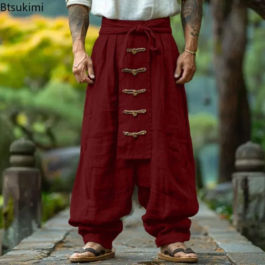 Ethnic Style Casual Cotton Linen Wide Leg Pants Spring Summer New Men's Solid Color Lace-up Baggy Pants Vintage Streetwear Male
