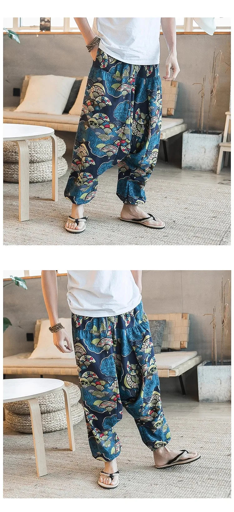 Men's Stylish Vintage Harem Pants Drop Crotch Design Casual Trousers Breathable Loose Fit Boho Pants Random Print Joggers