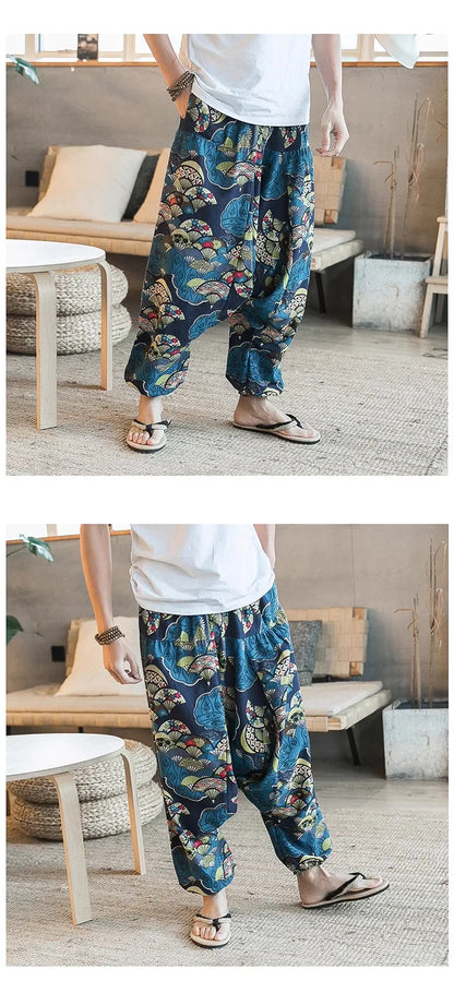 Men's Stylish Vintage Harem Pants Drop Crotch Design Casual Trousers Breathable Loose Fit Boho Pants Random Print Joggers