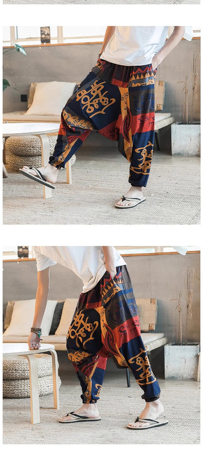 Men's Stylish Vintage Harem Pants Drop Crotch Design Casual Trousers Breathable Loose Fit Boho Pants Random Print Joggers