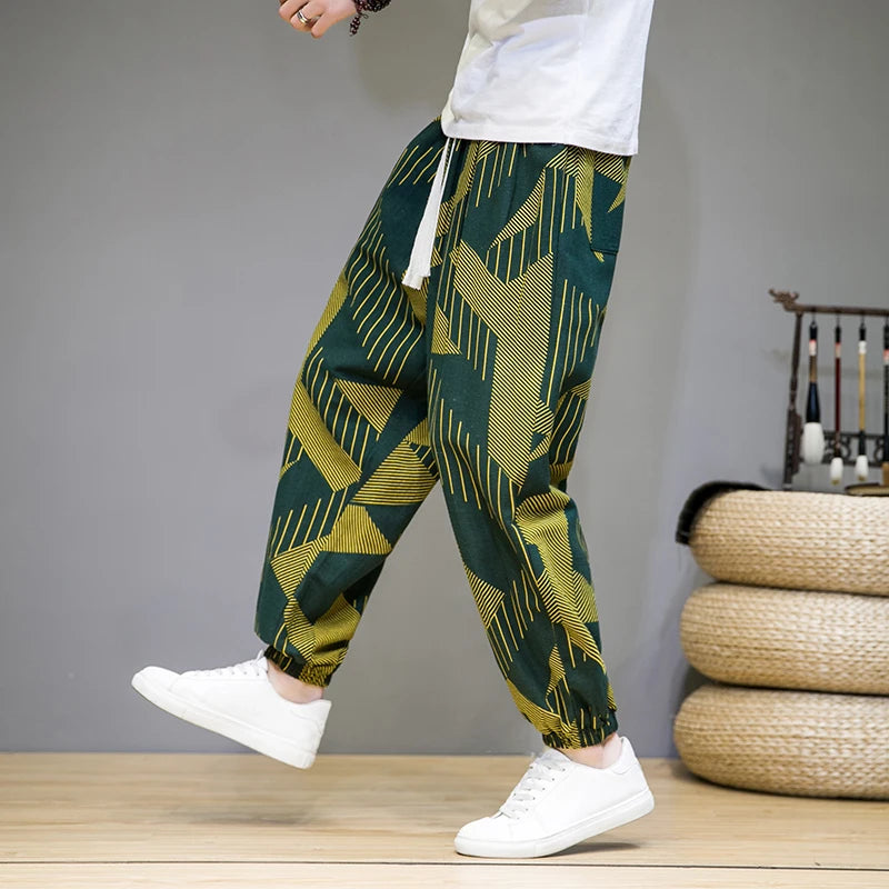 Chinese Style Pants Men Spring Summer Thin Breathable Cotton Linen Pants Men Harem Pants Printed Casual Pants Loose Pants