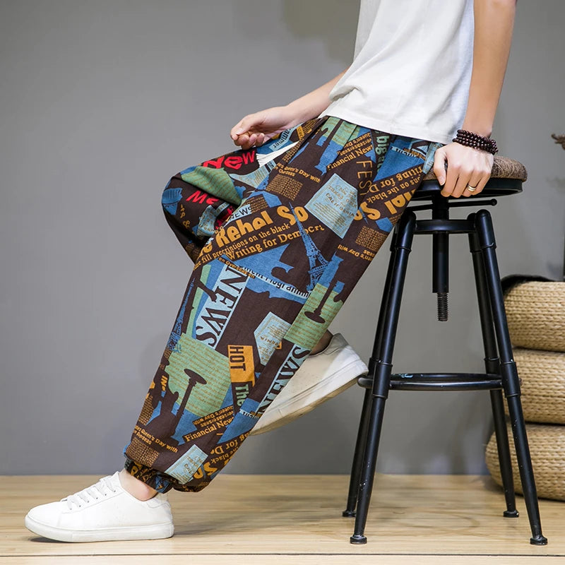 Chinese Style Pants Men Spring Summer Thin Breathable Cotton Linen Pants Men Harem Pants Printed Casual Pants Loose Pants
