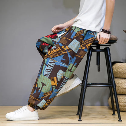 Chinese Style Pants Men Spring Summer Thin Breathable Cotton Linen Pants Men Harem Pants Printed Casual Pants Loose Pants