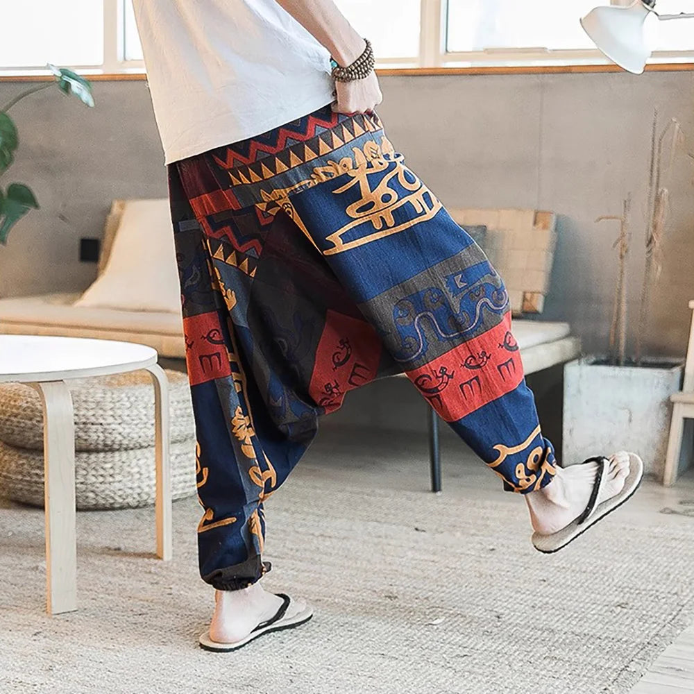 Men's Stylish Vintage Harem Pants Drop Crotch Design Casual Trousers Breathable Loose Fit Boho Pants Random Print Joggers
