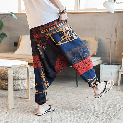 Men's Stylish Vintage Harem Pants Drop Crotch Design Casual Trousers Breathable Loose Fit Boho Pants Random Print Joggers