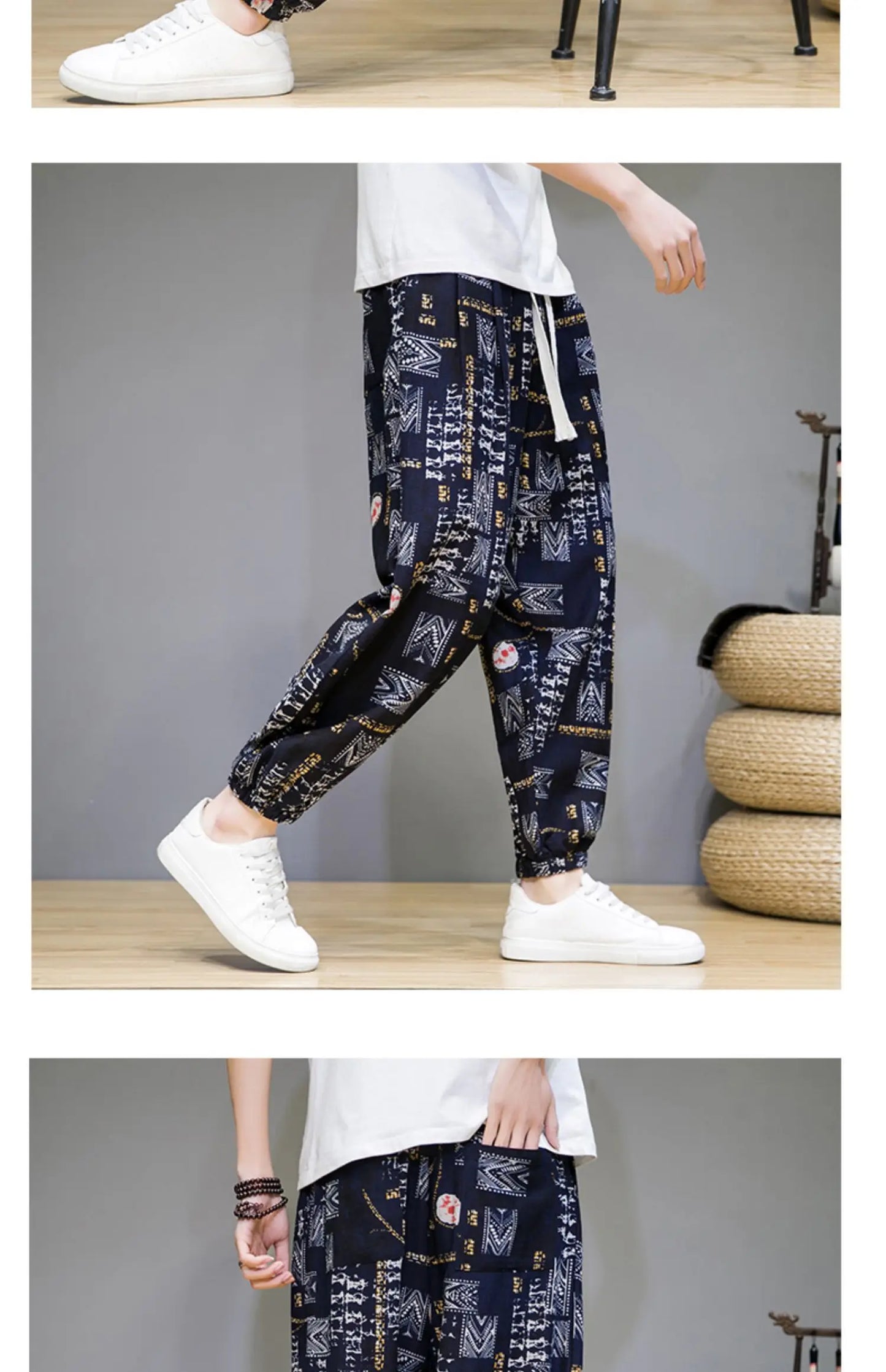 Chinese Style Pants Men Spring Summer Thin Breathable Cotton Linen Pants Men Harem Pants Printed Casual Pants Loose Pants