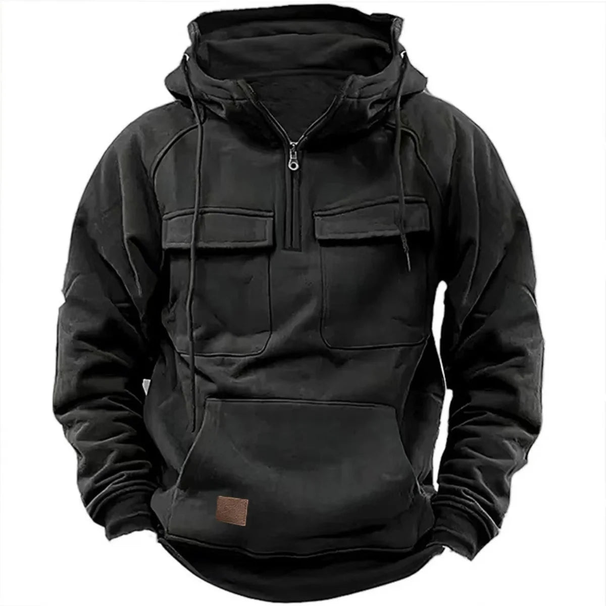 New men's hooded solid-color casual hoodie - fashionable young man's multi-pocket patch hoodie pullover shirt