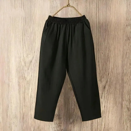 Women Casual Loose Harem Elastic Waist Cotton Linen Pants Ninth Trousers