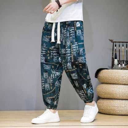 Chinese Style Pants Men Spring Summer Thin Breathable Cotton Linen Pants Men Harem Pants Printed Casual Pants Loose Pants