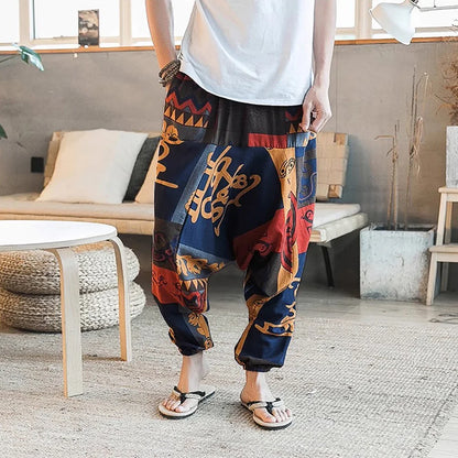 Men's Stylish Vintage Harem Pants Drop Crotch Design Casual Trousers Breathable Loose Fit Boho Pants Random Print Joggers