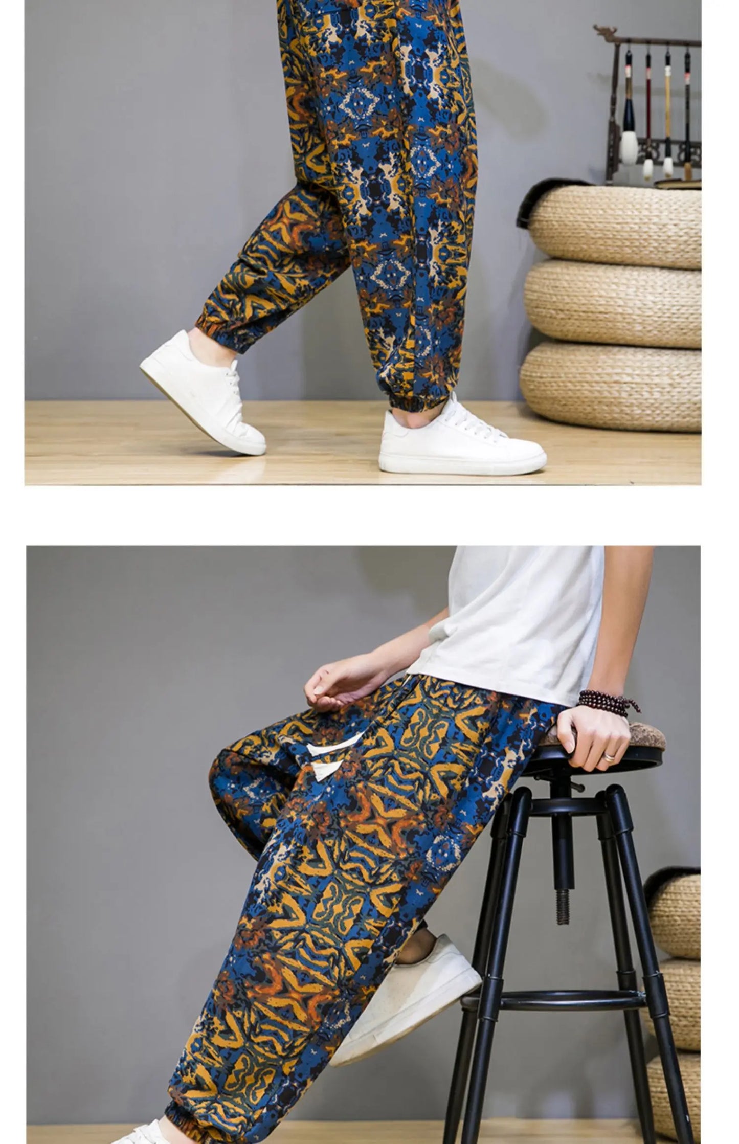 Chinese Style Pants Men Spring Summer Thin Breathable Cotton Linen Pants Men Harem Pants Printed Casual Pants Loose Pants