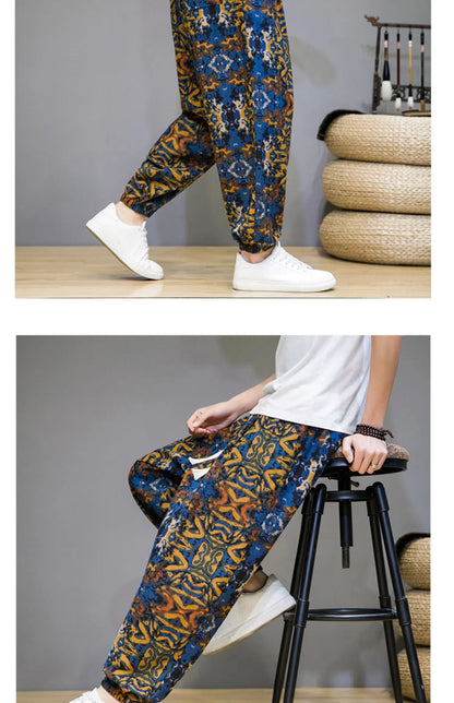Chinese Style Pants Men Spring Summer Thin Breathable Cotton Linen Pants Men Harem Pants Printed Casual Pants Loose Pants