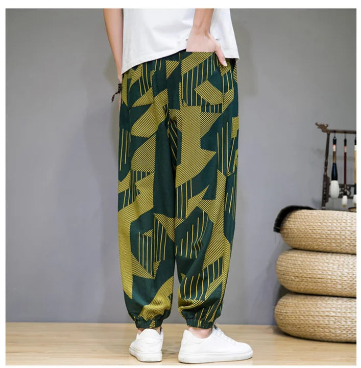 Chinese Style Pants Men Spring Summer Thin Breathable Cotton Linen Pants Men Harem Pants Printed Casual Pants Loose Pants