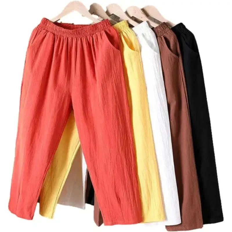 Women Casual Loose Harem Elastic Waist Cotton Linen Pants Ninth Trousers