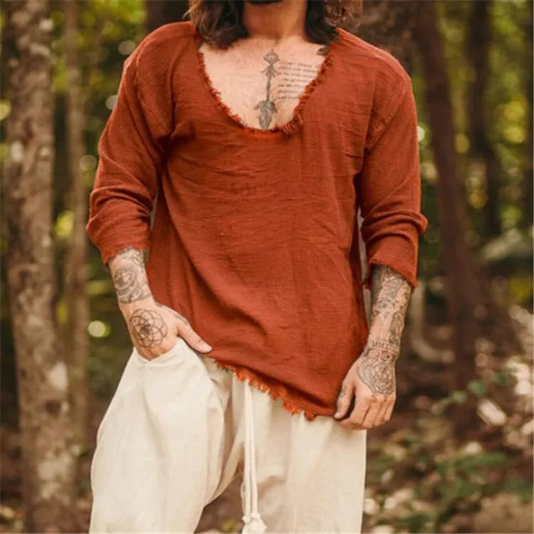 Spring and Summer Men's Viking Style Summer Shirts for Beach Wear Casual Shirts Pure Fake Cup-shaped Long Sleeved V-neck Tops