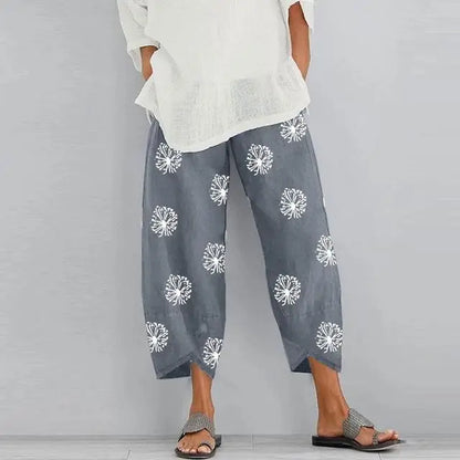 Women's Harem Pants Vintage Cotton Linen Elastic Waist Wide Leg Trousers Female Casual Solid Pockets Loose Cropped Pants