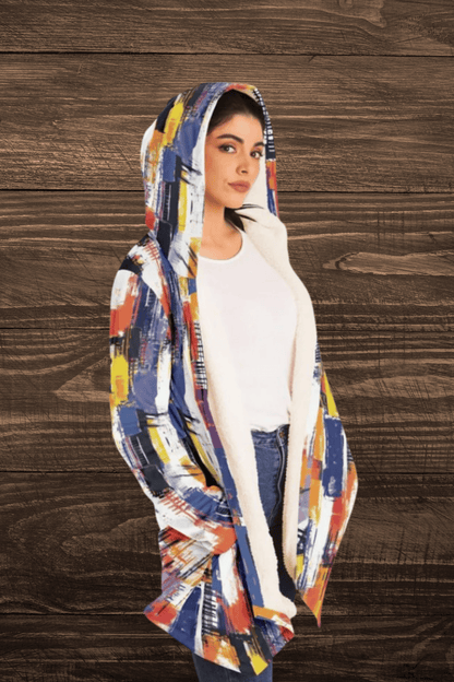 People Will Ask Where You Got This One! Abstract Grid Pattern, Vibrant Color Block Hooded Wrap