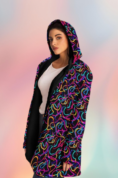 Glowing Reviews- Neon Abstract Hooded Wrap, Glowing Digital Art Lines