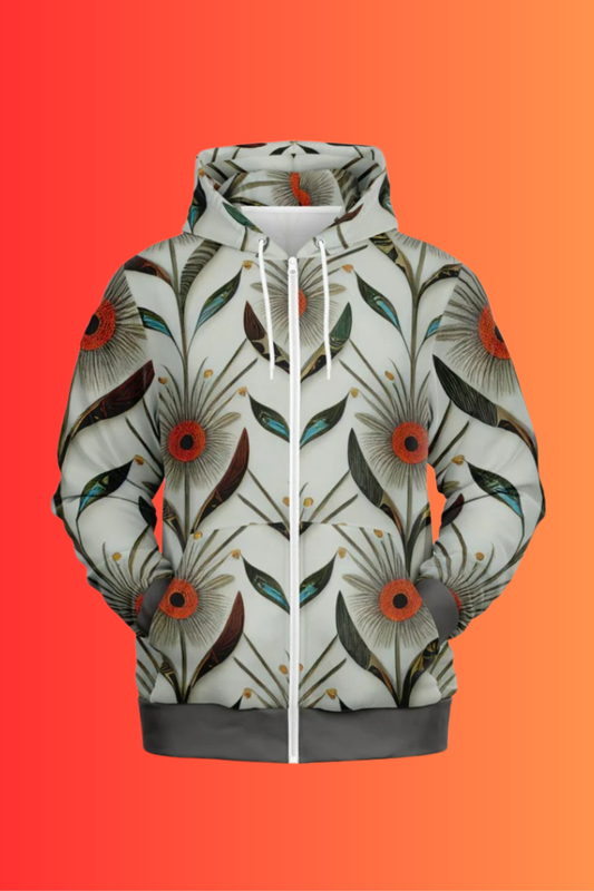 Gray Floral Athletic Zip-Up Hoodie – Unique One-of-a-Kind Women’s & Men’s Activewear Jacket