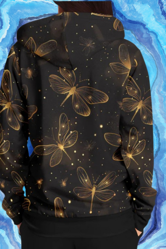 Dragonfly Obsessed - Golden Dragonfly Zip-Up Hoodie – Shimmering Night Sky All Over Print with Magical Ethereal Design | One of a Kind | Unique