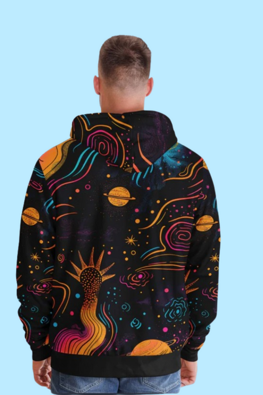 Custom Design Zip Hoodie, Cosmic Psychedelic Sweatshirt, Vibrant Celestial Planets & Stars Zip Up
