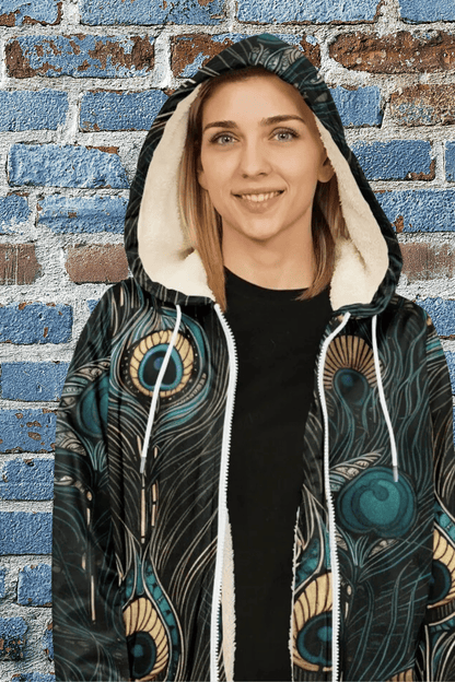 Peacock Feather Zipper Cloak – Seamless Animal Pattern Hooded Cape for Festivals, Travel & Boho Style | Unique Coat