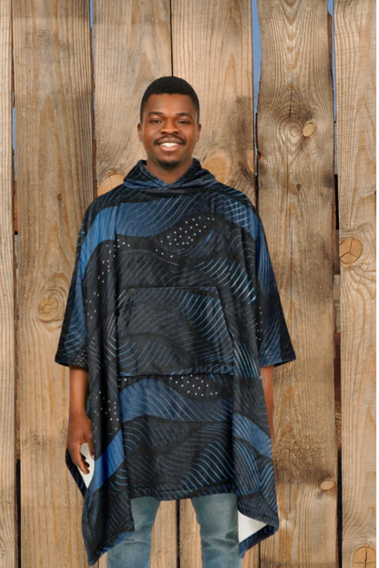 Flannel Blanket Poncho – Abstract Blue Wave Art, Modern Cozy Wrap with Flow & Depth