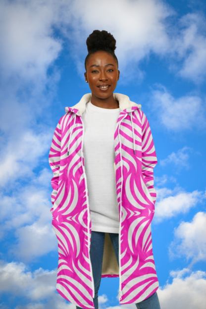 Hot Pink & White Boho Swirl Hooded Zipper Cloak Wrap | Festival Cloak with Abstract Boho Design