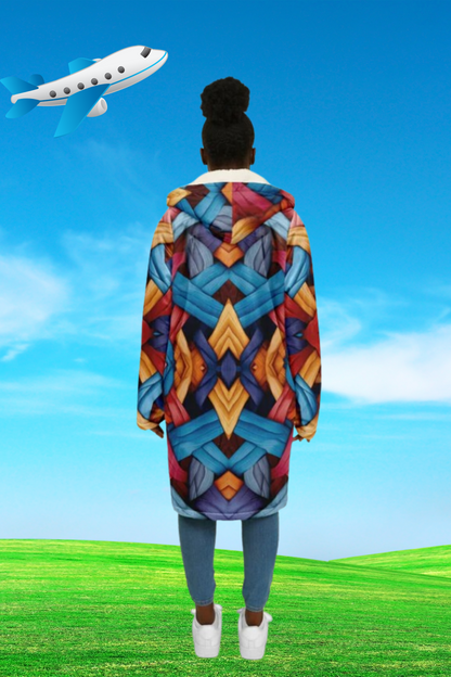 Zipper Cloak – Bold Blue & Red Weave Pattern, Creative Boho Hooded Wrap