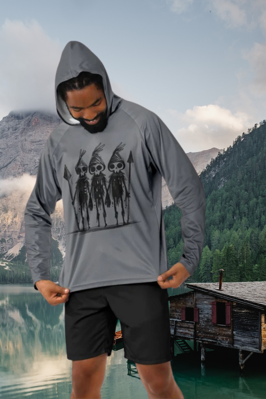 Men’s Hooded Performance Shirt – Tribal Warrior Skull Sketch Long Sleeve
