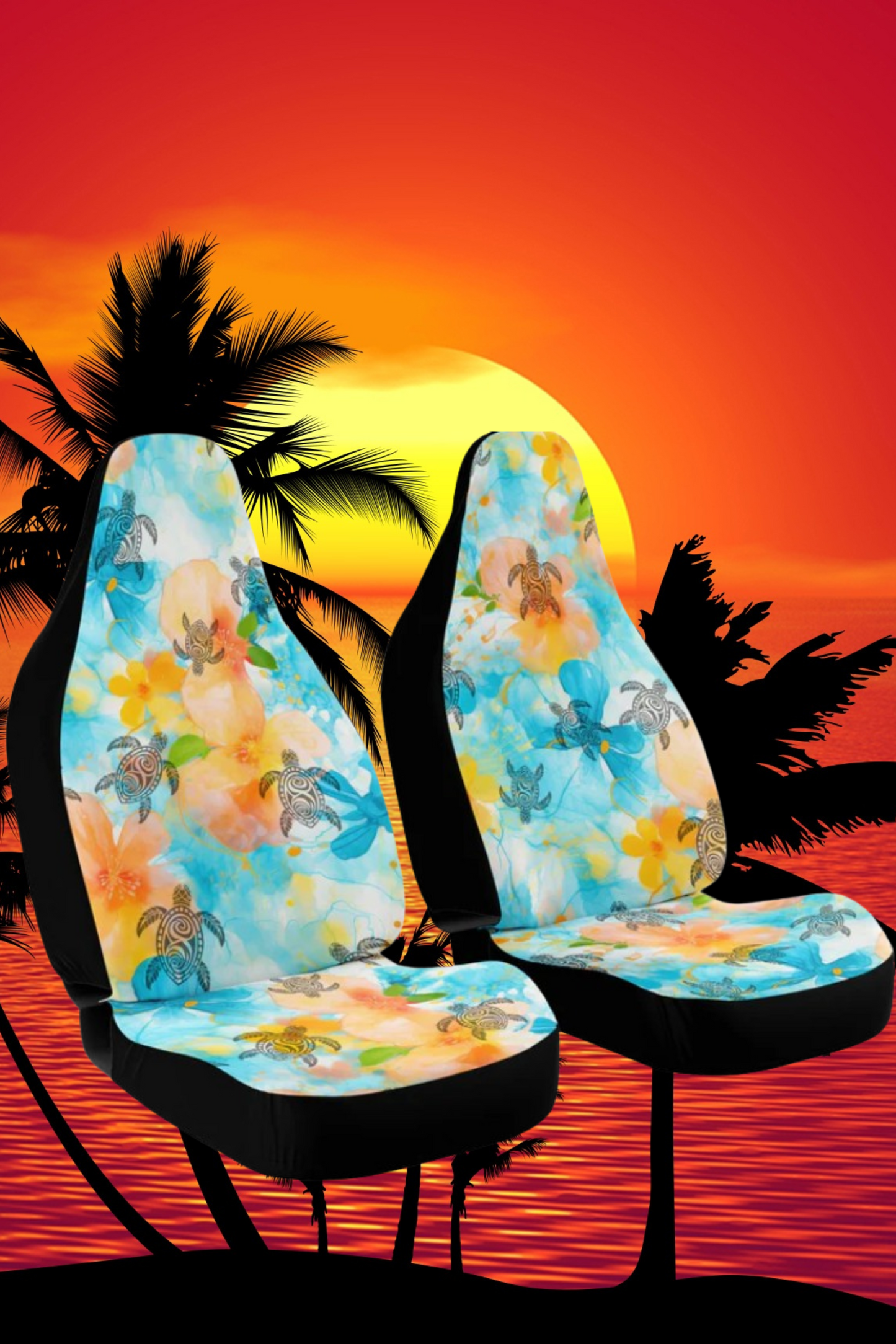 Boho Sea Turtle Colorful Abstract Floral Car Seat Covers – Summer Vibes Design, High Quality Custom Design, Summer Vibe