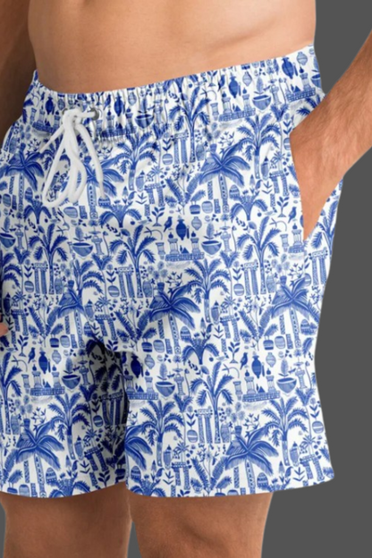Men's Fashion Shorts | Ancient Art Blue & White Pattern Shorts | Birds & Palm Trees Fashion Shorts | Beach Shorts
