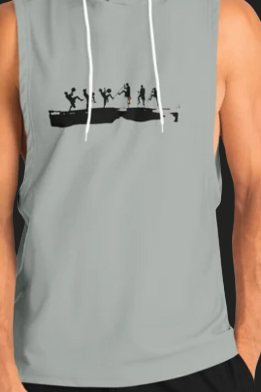 Primitive Tribal Drop Armhole Hoodie – Black & White Warrior Illustration with Spear and Headdress Design Athletic  Sleeveless Hoodie  copy