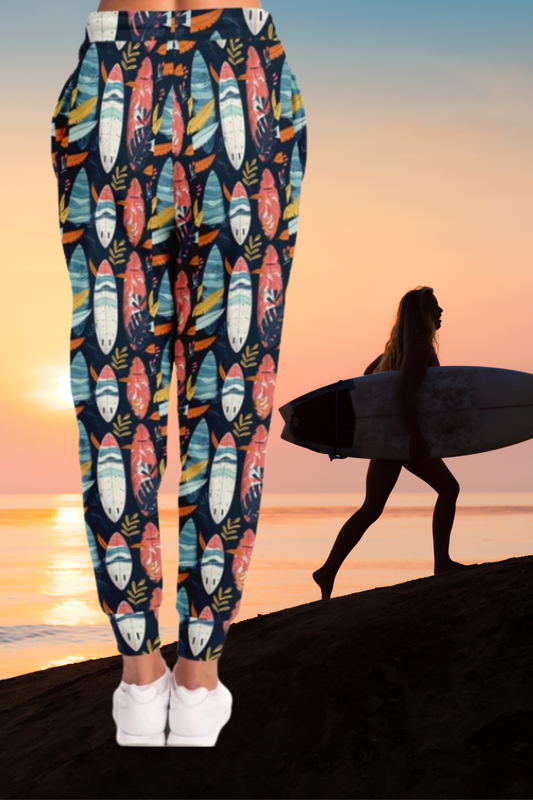 Tropical Surfboard Fashion Joggers – Custom Design Colorful Beach & Nature Pattern with Stripes, Leaves & Abstract Shapes | Beach pants | Cruising Apparel