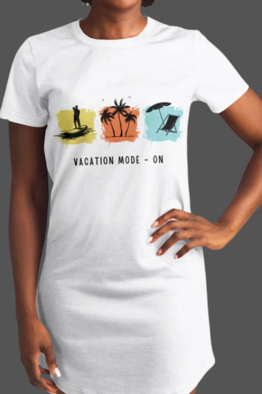 Vacation Mode On White T-Shirt Dress, Casual Summer Beach Dress, Relaxed Fit Travel Outfit, Graphic Vacation Dress for Women copy
