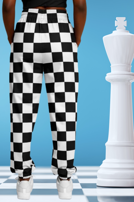 Black White Checkered Women's Track Pants, Eco-Friendly Check Straight Leg Quick Dry Festival Elastic Waist Windbreaker Tracksuit